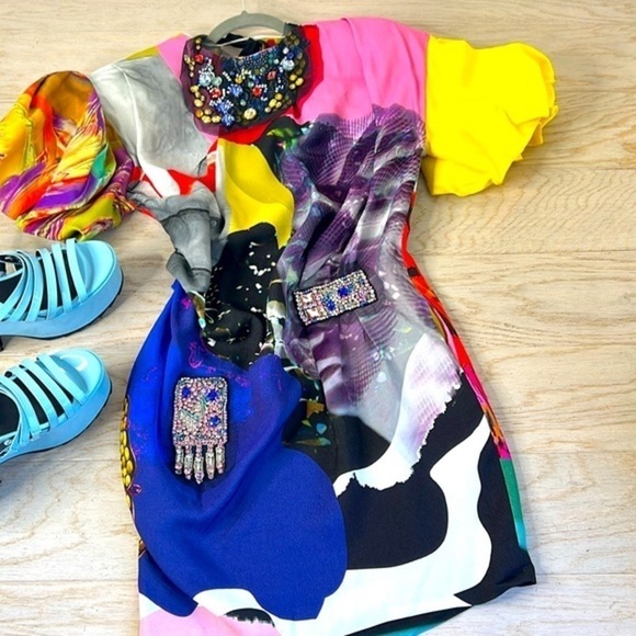 Zara Jewel Puffy Sleeve Limited Mini Dress Retro Y2K 80's 90's Barbiecore Rare* - Picture 3 of 13